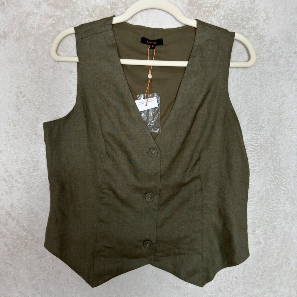 Quince 100% European Linen Vest Bayberry Olive Green Button Front Size S NEW